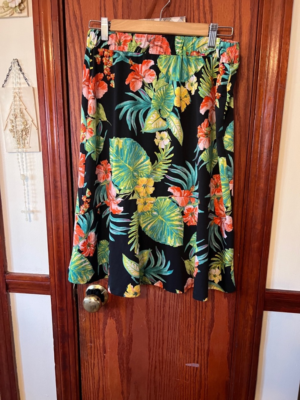 Tropical Floral Midi Skirt - Black with Green & Coral Floral